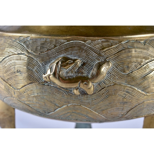 409 - A LARGE 19TH CENTURY CHINESE TWIN HANDLED BRONZE CENSER AND COVER bearing Xuande marks to base, with... 