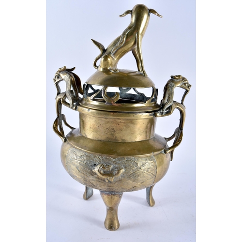 409 - A LARGE 19TH CENTURY CHINESE TWIN HANDLED BRONZE CENSER AND COVER bearing Xuande marks to base, with... 