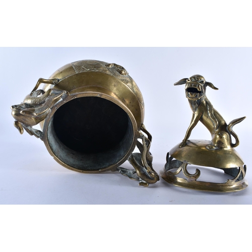 409 - A LARGE 19TH CENTURY CHINESE TWIN HANDLED BRONZE CENSER AND COVER bearing Xuande marks to base, with... 