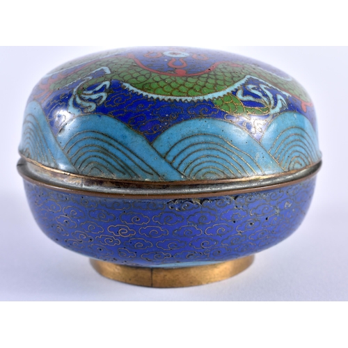 415 - A 19TH CENTURY CHINESE CLOISONNE ENAMEL DRAGON BOX AND COVER Qing. 9 cm diameter.