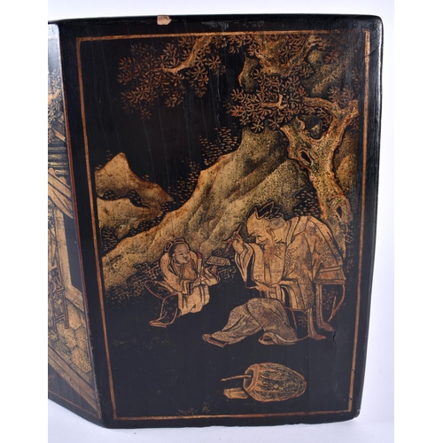 418 - A LARGE AND UNUSUAL 19TH CENTURY CHINESE BLACK LACQUERED MARBLE STAND Qing, painted with figures and... 