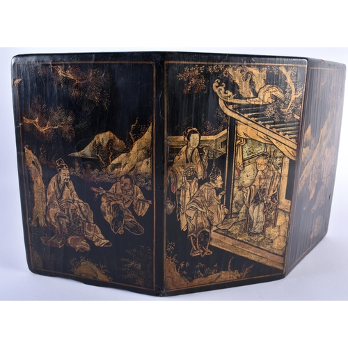 418 - A LARGE AND UNUSUAL 19TH CENTURY CHINESE BLACK LACQUERED MARBLE STAND Qing, painted with figures and... 