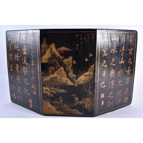 418 - A LARGE AND UNUSUAL 19TH CENTURY CHINESE BLACK LACQUERED MARBLE STAND Qing, painted with figures and... 