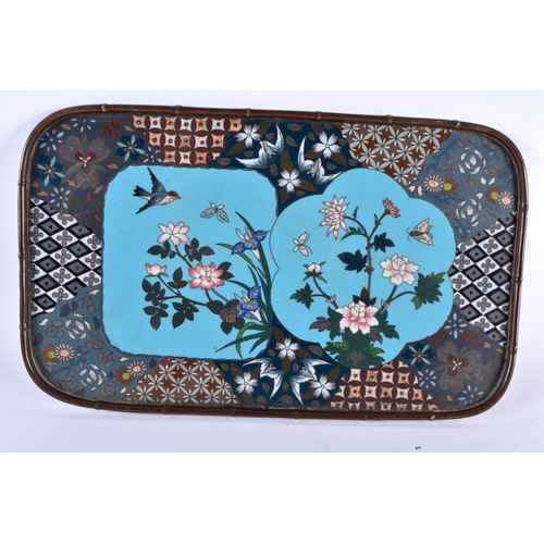 419 - A RARE PAIR OF 19TH CENTURY JAPANESE MEIJI PERIOD CLOISONNE ENAMEL TRAYS decorated with birds and la... 