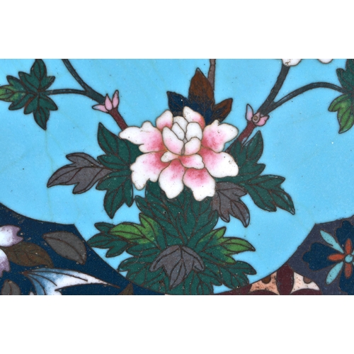 419 - A RARE PAIR OF 19TH CENTURY JAPANESE MEIJI PERIOD CLOISONNE ENAMEL TRAYS decorated with birds and la... 