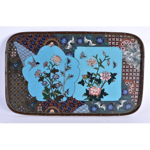 419 - A RARE PAIR OF 19TH CENTURY JAPANESE MEIJI PERIOD CLOISONNE ENAMEL TRAYS decorated with birds and la... 