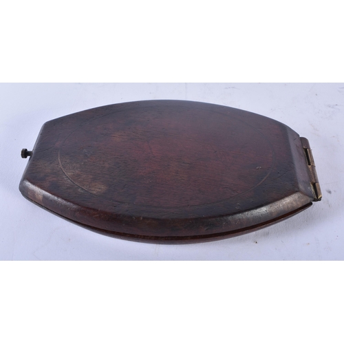 427 - AN ANTIQUE MILITARY CARVED WOOD FOLDING CAMPAIGN SHAVING MIRROR. 30cm x 9.5 cm extended.