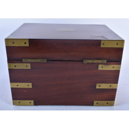 432 - A RARE LARGE 19TH CENTURY MAHOGANY BRASS BOUND CAMPAIGN JEWELLERY BOX with fully fitted interior. 28... 