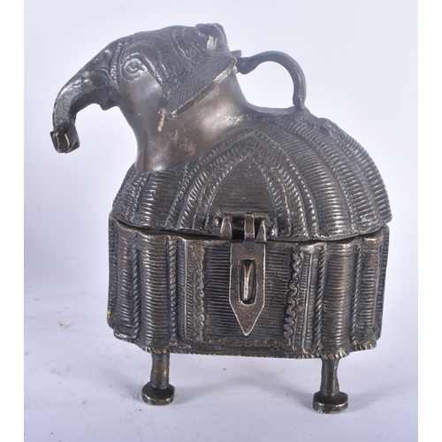 442 - AN ANGLO INDIAN SILVER PLATED CARVED WOOD ELEPHANT BISCUIT BARREL AND COVER together with a bronze e... 