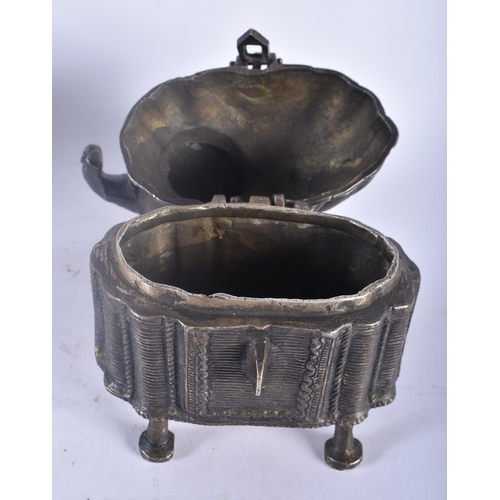 442 - AN ANGLO INDIAN SILVER PLATED CARVED WOOD ELEPHANT BISCUIT BARREL AND COVER together with a bronze e... 