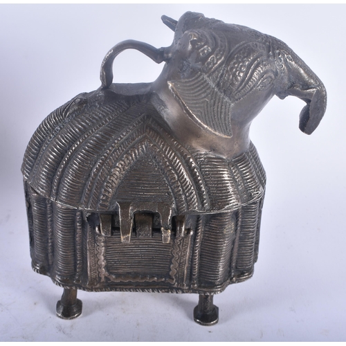 442 - AN ANGLO INDIAN SILVER PLATED CARVED WOOD ELEPHANT BISCUIT BARREL AND COVER together with a bronze e... 