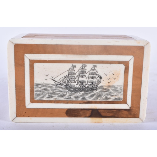 443 - AN UNUSUAL MARITIME CARVED WOOD AND BONE SCRIMSHAW CASKET decorated with a galleon at sea. 11cm x 7 ... 