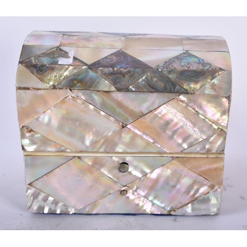 445 - A LATE 19TH CENTURY CARVED MOTHER OF PEARL TRAY together with a similar casket & two other boxes ins... 