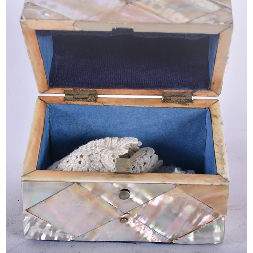 445 - A LATE 19TH CENTURY CARVED MOTHER OF PEARL TRAY together with a similar casket & two other boxes ins... 