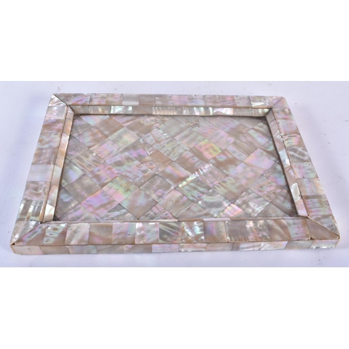 445 - A LATE 19TH CENTURY CARVED MOTHER OF PEARL TRAY together with a similar casket & two other boxes ins... 