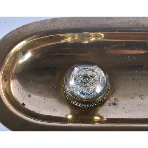 451 - A VERY RARE LATE VICTORIAN ESSEX CRYSTAL INSET BRASS PEN TRAY depicting portraits of a cat and dog. ... 