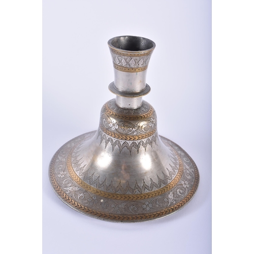 454 - AN 18TH/19TH CENTURY PERSIAN ISLAMIC SILVER ALLOY HOOKAH PIPE BASE engraved with scrolling foliage a... 