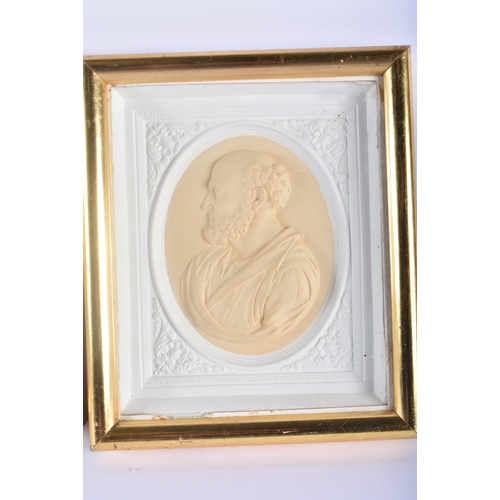 463 - A PAIR OF 19TH CENTURY PLASTER COUNTY HOUSE CLASSICAL PORTRAIT PANELS within giltwood frames. 24 cm ... 