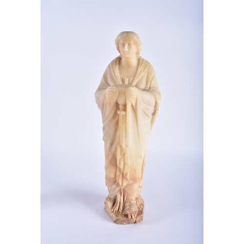 465 - A LARGE PAIR OF 19TH CENTURY EUROPEAN CARVED ALABASTER FIGURES OF SAINTS modelled in flowing robes. ... 