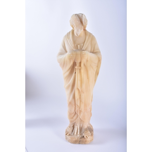 465 - A LARGE PAIR OF 19TH CENTURY EUROPEAN CARVED ALABASTER FIGURES OF SAINTS modelled in flowing robes. ... 