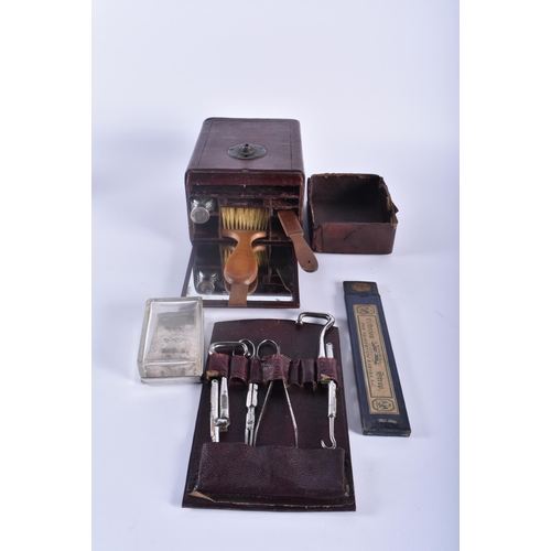 468 - A RARE LATE VICTORIAN LEATHER CASED TRAVELLING BARBERS KIT with fitted interior. Box 21 cm x 10 cm.