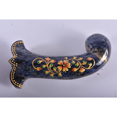 471 - A SET OF FIVE MIDDLE EASTERN QAJAR LACQUER HARDSTONE DAGGER HANDLES overlaid with foliage and vines.... 