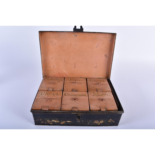 476 - AN UNUSUAL 19TH CENTURY COUNTRY HOUSE TOLEWARE SPICE BOX with six fitted period individual boxes. 22... 