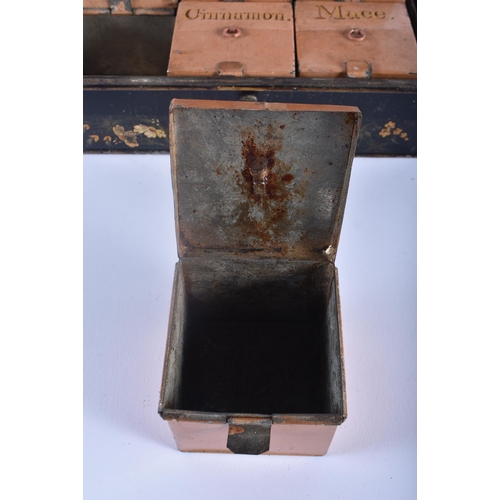 476 - AN UNUSUAL 19TH CENTURY COUNTRY HOUSE TOLEWARE SPICE BOX with six fitted period individual boxes. 22... 