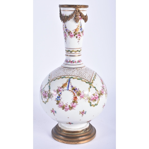 489 - A 19TH CENTURY FRENCH SEVRES PORCELAIN BULBOUS VASE painted with floral swags and baskets of flowers... 