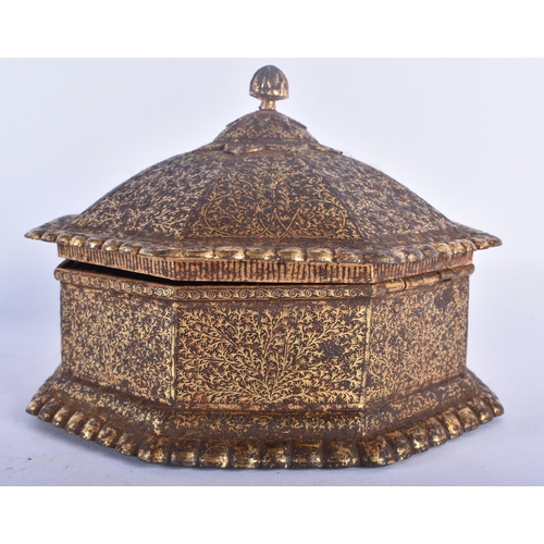 497 - AN 18TH CENTURY ISLAMIC OTTOMAN INDIAN GOLD INLAID IRON BOX of octagonal form, decorated all over wi... 