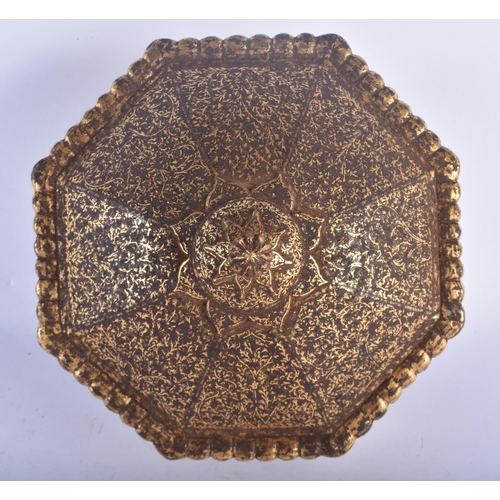 497 - AN 18TH CENTURY ISLAMIC OTTOMAN INDIAN GOLD INLAID IRON BOX of octagonal form, decorated all over wi... 