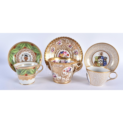 51 - THREE EARLY 19TH CENTURY CHAMBERLAINS WORCESTER PORCELAIN CUPS AND SAUCERS painted with armorials an... 