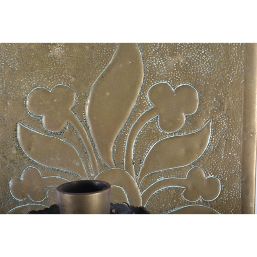 517 - A LARGE ARTS AND CRAFTS COUNTRY HOUSE REPOUSSE WALL SCONCE decorated with a floral spray. 43 cm x 28... 