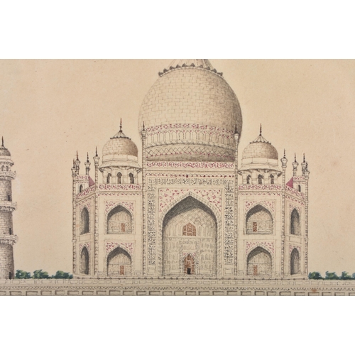 519 - A FINE 19TH CENTURY INDIAN COMPANY SCHOOL WATERCOLOUR painted with a view of the Taj Mahal. 26cm x 2... 