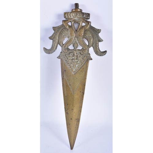 527 - A FINE 19TH CENTURY INDIAN PERSIAN BRONZE KNIFE formed with two opposing exotic birds. 30cm long.