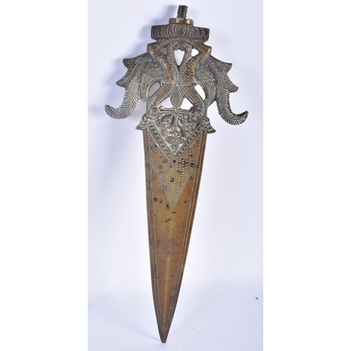 527 - A FINE 19TH CENTURY INDIAN PERSIAN BRONZE KNIFE formed with two opposing exotic birds. 30cm long.