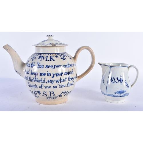 536 - AN EARLY 19TH CENTURY ENGLISH PEARLWARE MOTTO TEAPOT AND COVER together with a similar cream jug and... 