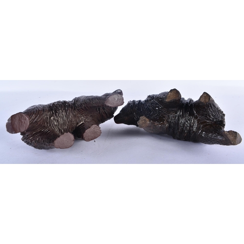 545 - A PAIR OF 19TH CENTURY BAVARIAN BLACK FOREST CARVED WOOD BEARS modelled roaming. 18cm x 10 cm.