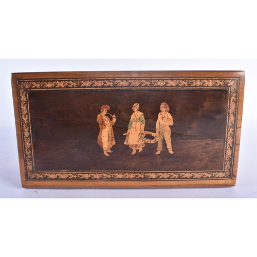 548 - AN ANTIQUE ITALIAN SORRENTO WARE RICORDO INLAID JEWELLERY BOX depicting three figures. 24 cm x 12 cm... 