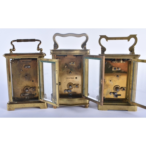 558 - THREE ANTIQUE FRENCH BRASS CARRIAGE CLOCKS 14.25cm high inc handle. (3)