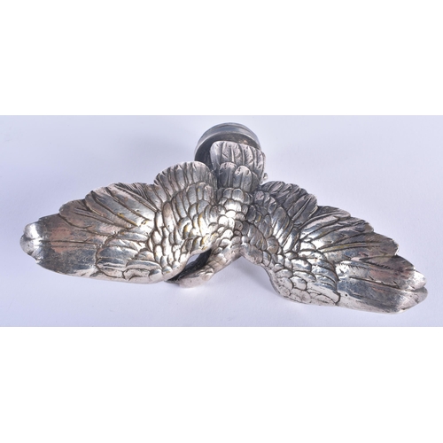 562 - AN UNUSUAL SILVERED BRONZE EAGLE CAR MASCOT. 9 cm x 15 cm.