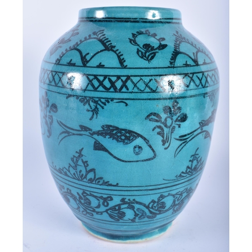 571 - A PERSIAN SAFAVID TURQUOISE GLAZED POTTERY VASE together with a similar bowls. Largest 22 cm x 15 cm... 