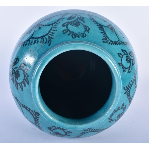 571 - A PERSIAN SAFAVID TURQUOISE GLAZED POTTERY VASE together with a similar bowls. Largest 22 cm x 15 cm... 