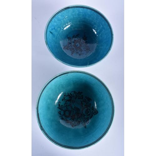 571 - A PERSIAN SAFAVID TURQUOISE GLAZED POTTERY VASE together with a similar bowls. Largest 22 cm x 15 cm... 