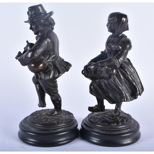 573 - A PAIR OF 19TH CENTURY EUROPEAN BRONZE FIGURES OF A BOY AND GIRL modelled as musicians. 17 cm high.