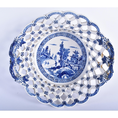 581 - A RARE 18TH CENTURY DERBY TWIN HANDLED BLUE AND WHITE CHESTNUT BASKET together with a 18th century W... 