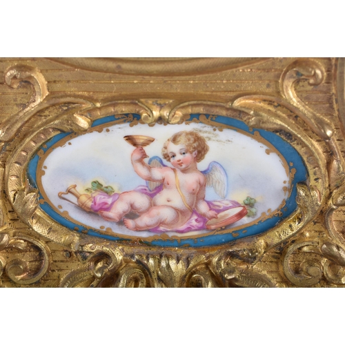 590 - A 19TH CENTURY FRENCH ORMOLU AND SEVRES PORCELAIN MANTEL CLOCK supported upon a white marble base. 2... 