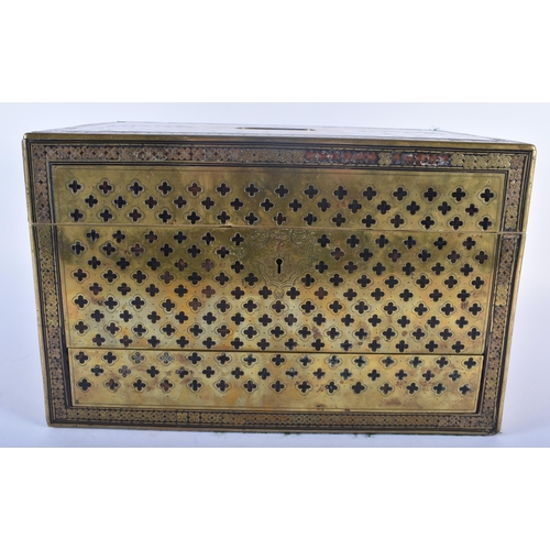 592 - A FINE EARLY 19TH CENTURY FRENCH BRONZE OVERLAID WOOD CASKET with fully fitted silver interior, the ... 