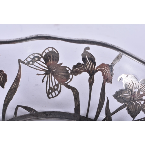 594 - AN ART NOUVEAU SILVER OVERLAID GLASS DISH. 368 grams. 20.5 cm x 17 cm.