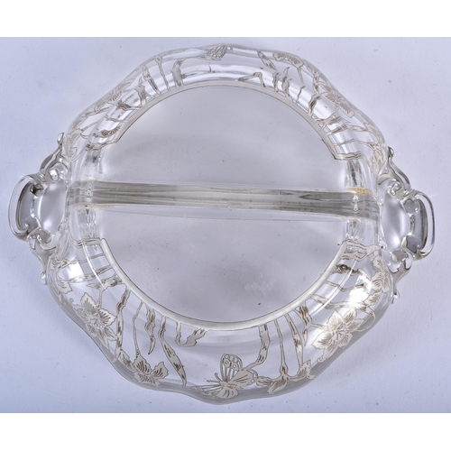 594 - AN ART NOUVEAU SILVER OVERLAID GLASS DISH. 368 grams. 20.5 cm x 17 cm.